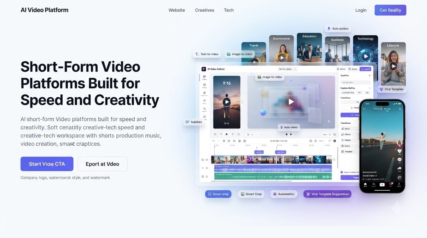 Short-form video maker website with vertical preview, timeline and caption editor