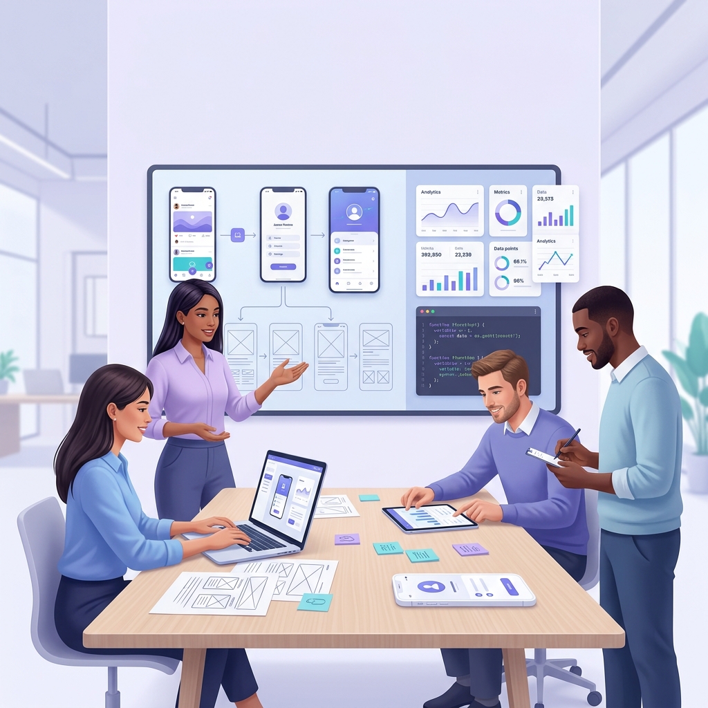 Product team planning and developing a mobile app